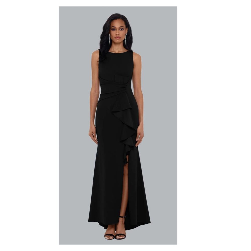 NEW Betsy & Adam Christine Scuba Crepe Ruffle Bow Trumpet Gown Size 14